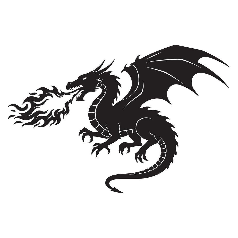 Fierce black dragon silhouette breathing fire depicting mythical creature for creative designs vector