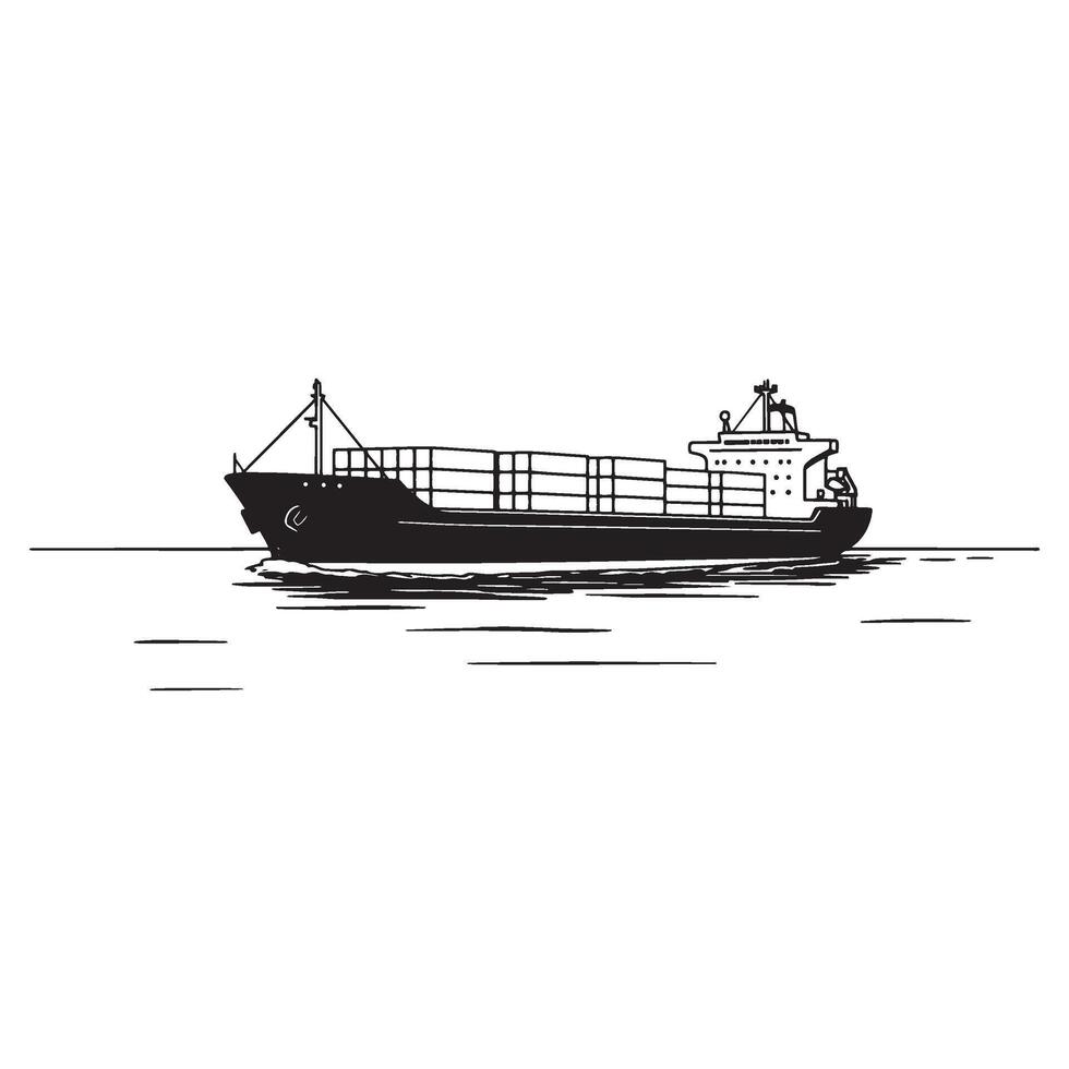 Black and white illustration of a cargo ship sailing across the ocean on a sunny day vector
