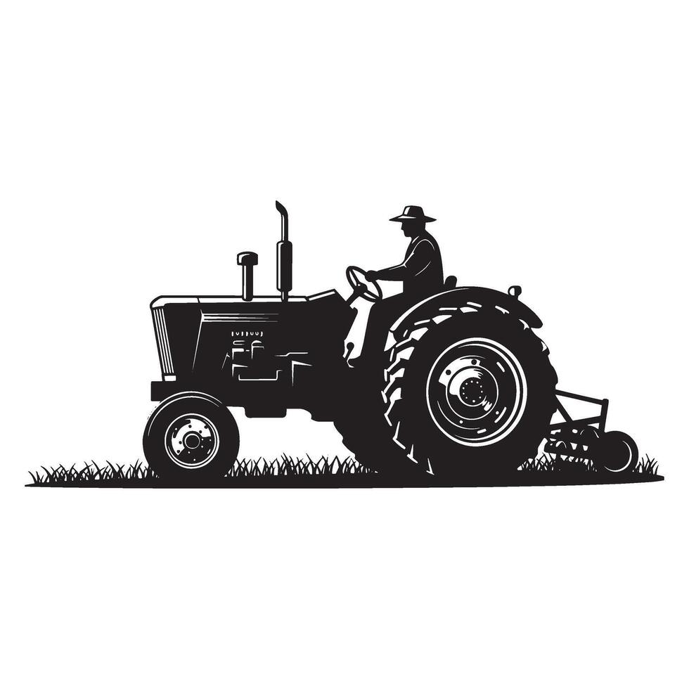 Silhouette of a farmer driving a tractor in a field agricultural farming equipment vector