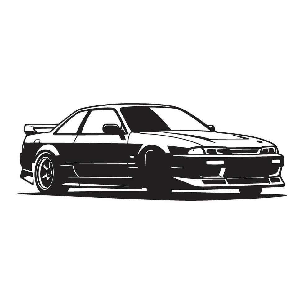 Black and white silhouette illustration of a japanese sports coupe ready for drifting vector