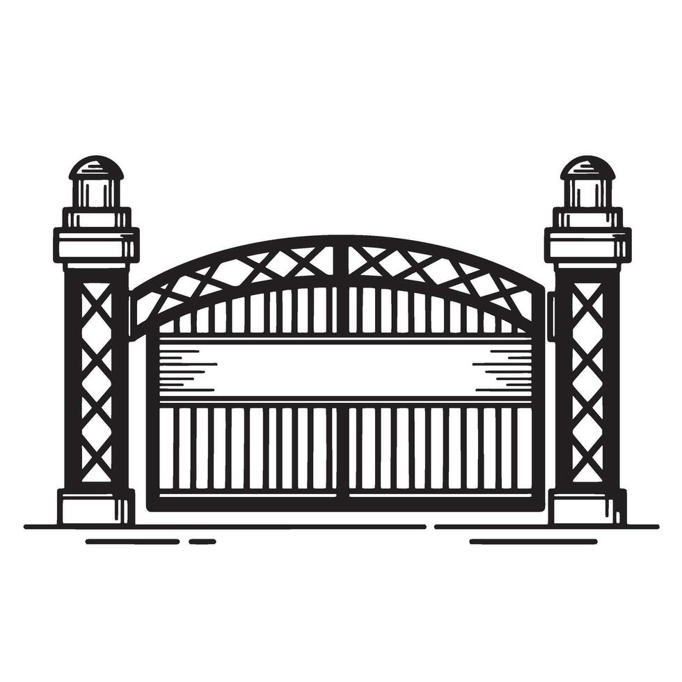 Detailed black and white illustration of an ornamental gate and pillars design vector