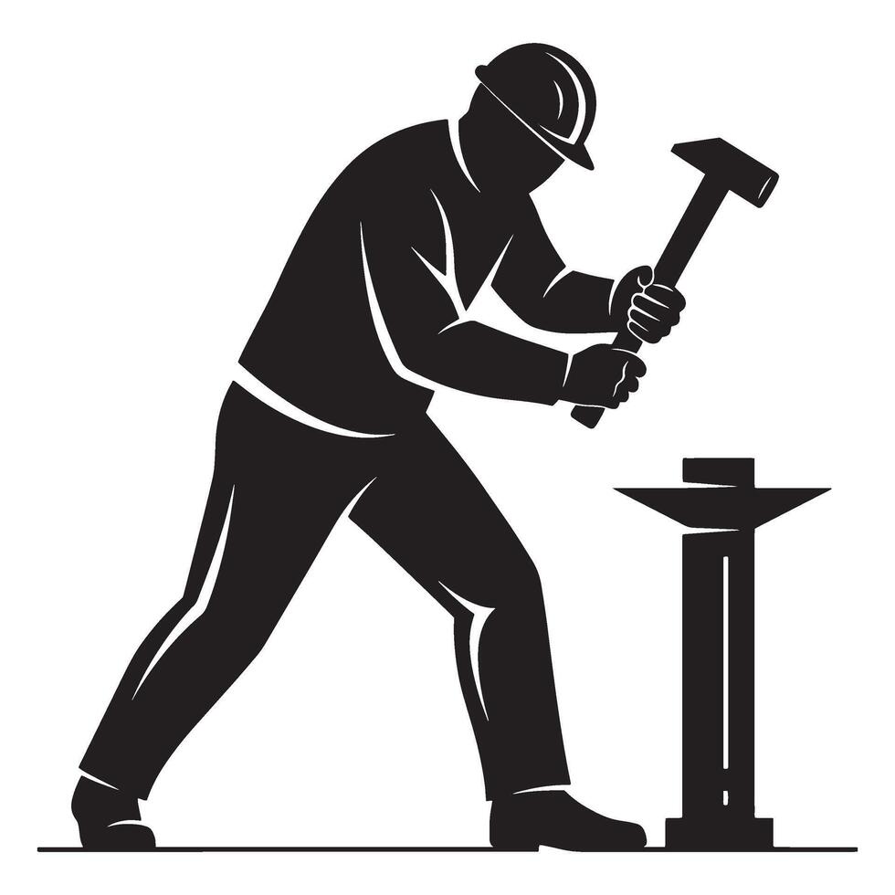 Blacksmith with hammer silhouetted hitting anvil depicting industrial work and metalworking vector
