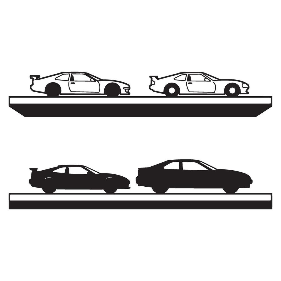 Black and white graphic illustration of four cars displayed on platforms ready for transport or display. vector