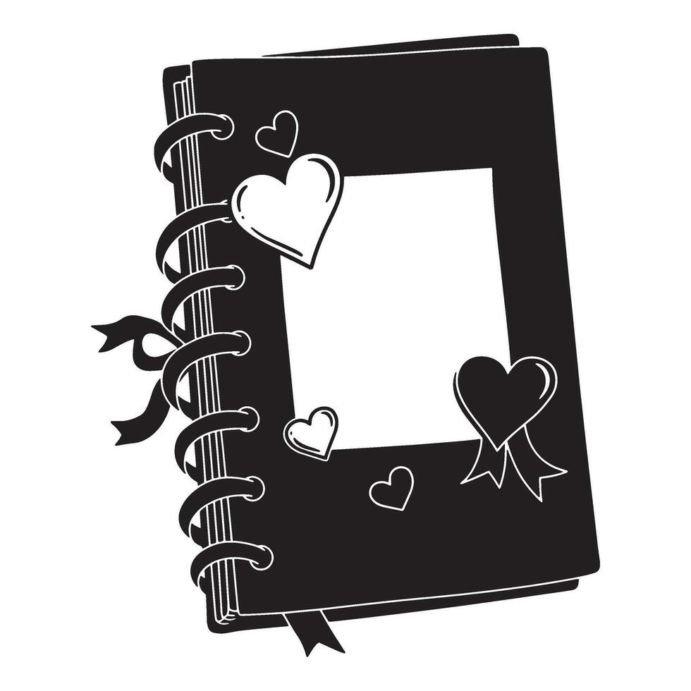 Black and white sketch of a spiral bound notebook with heart decorations and ribbon detail vector