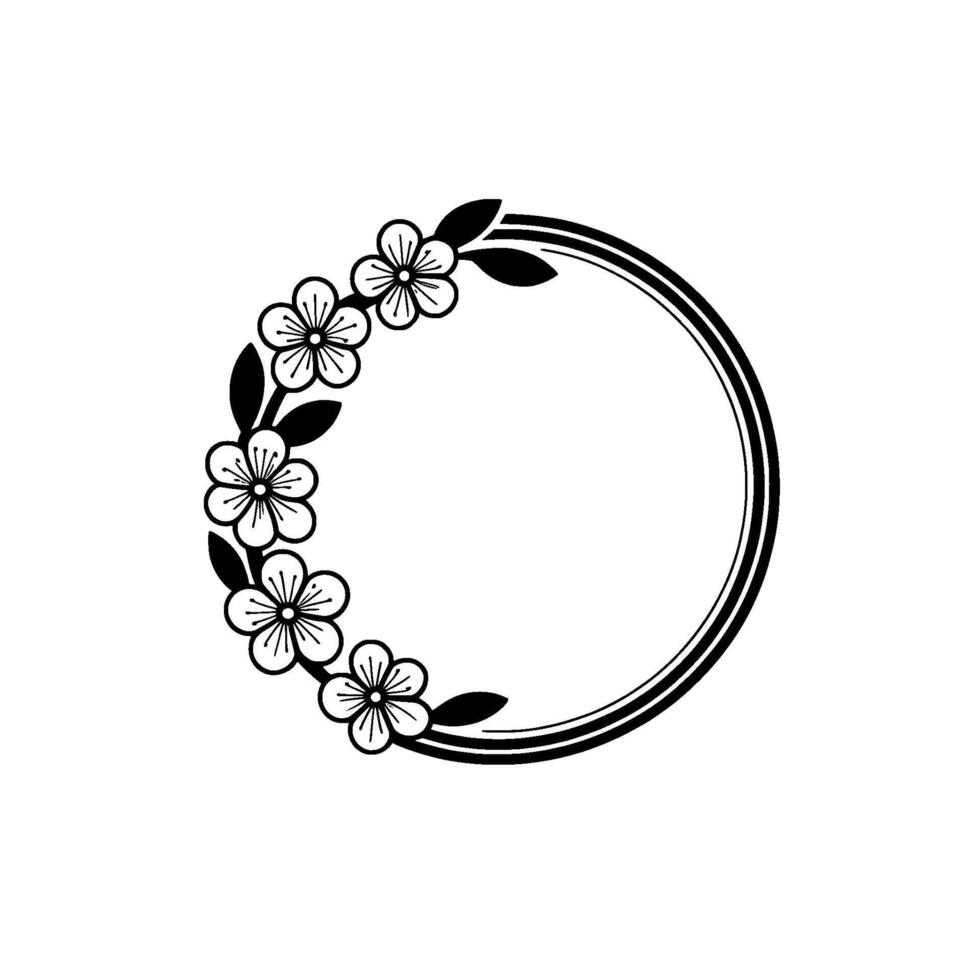 Minimalist Floral Wreath Black White Circle Frame, Decorative vector