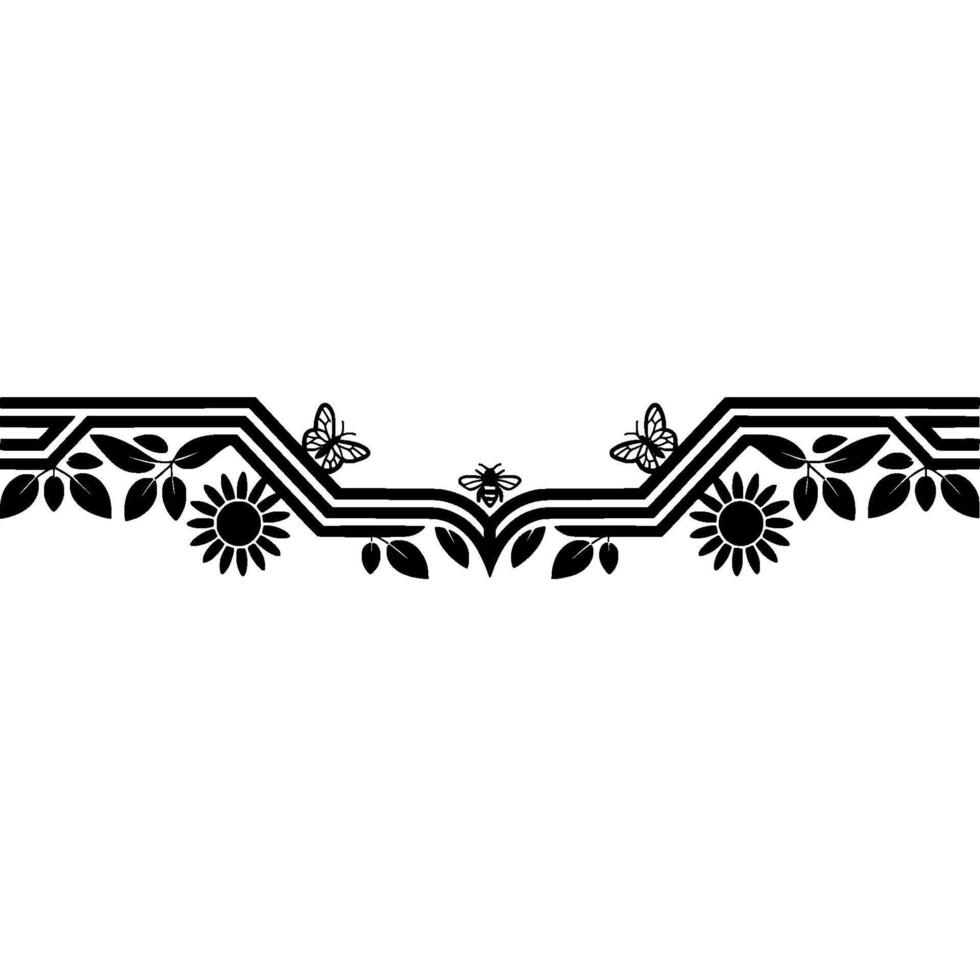 Elegant Floral Border with Bees Butterflies, Black White vector