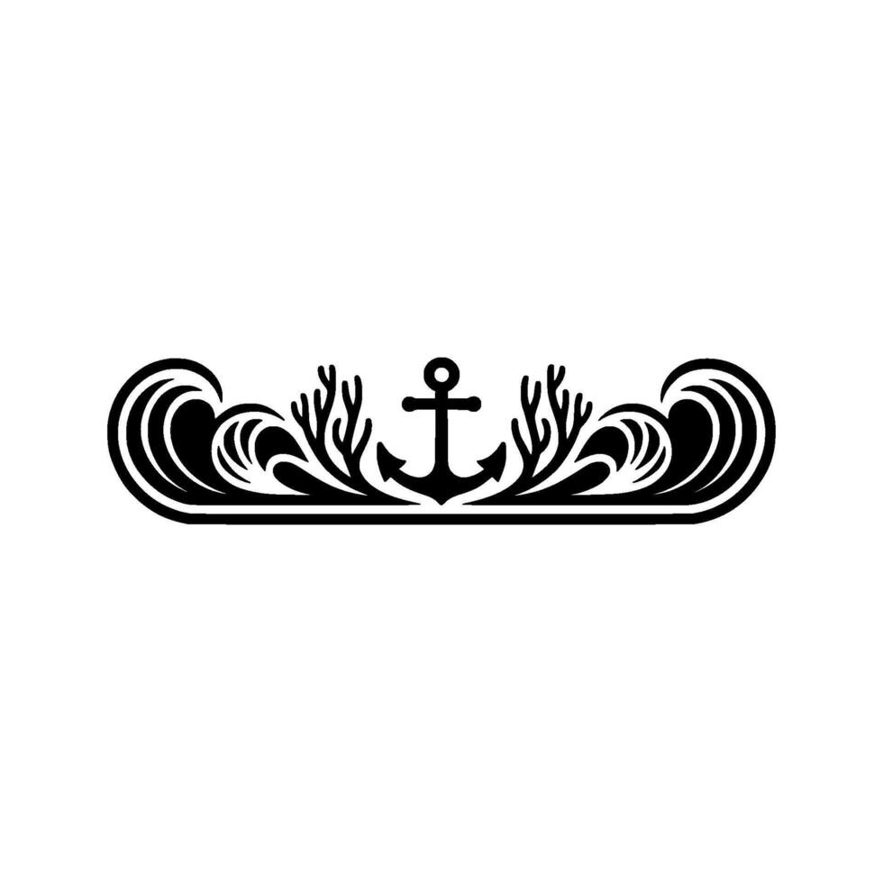 Nautical Emblem Anchor with Waves and Coral Silhouette on White vector
