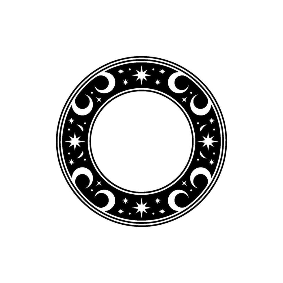 Celestial Circle Frame Stars, Moons, Decorative Border. Black White vector
