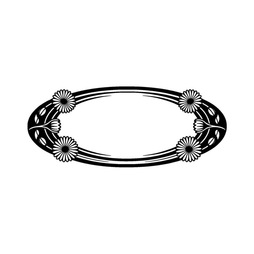 Elegant Floral Frame, Art Nouveau Style, Black on White, Oval vector