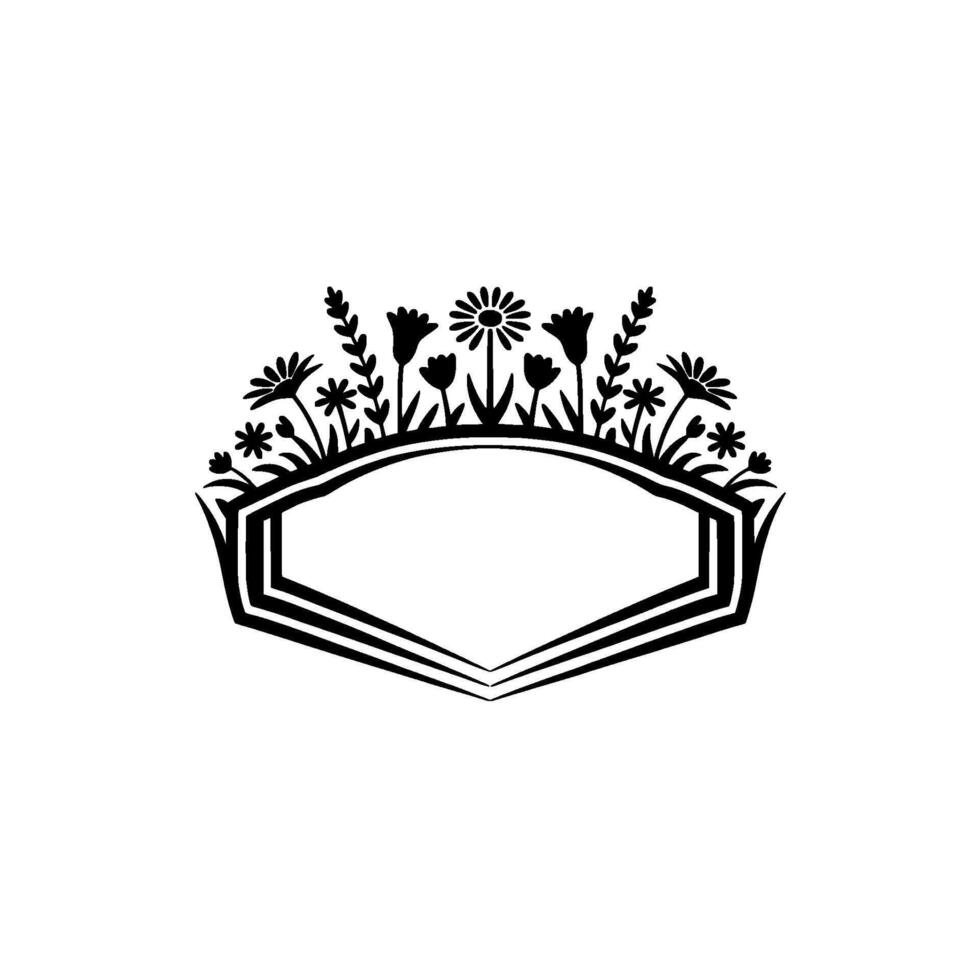 Floral Crest with Blank Hexagonal Frame, Elegant Silhouette vector