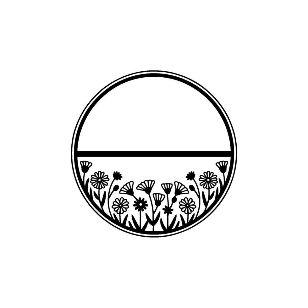 Floral Circle Frame, Black Line Art, Modern vector