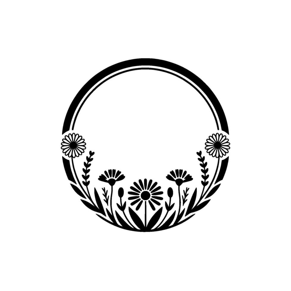 Elegant Floral Circle Frame in Black and White, Wreath vector