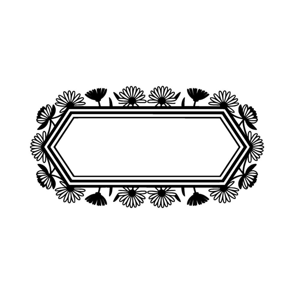Floral Hexagon Frame, Black White Botanical Border vector