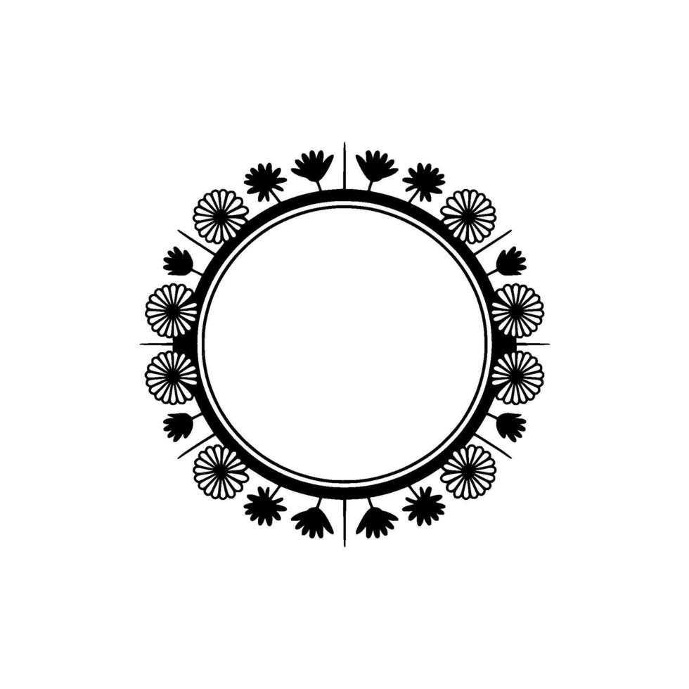 Minimalist Floral Circle Frame, Black White, Elegant, Flowers vector