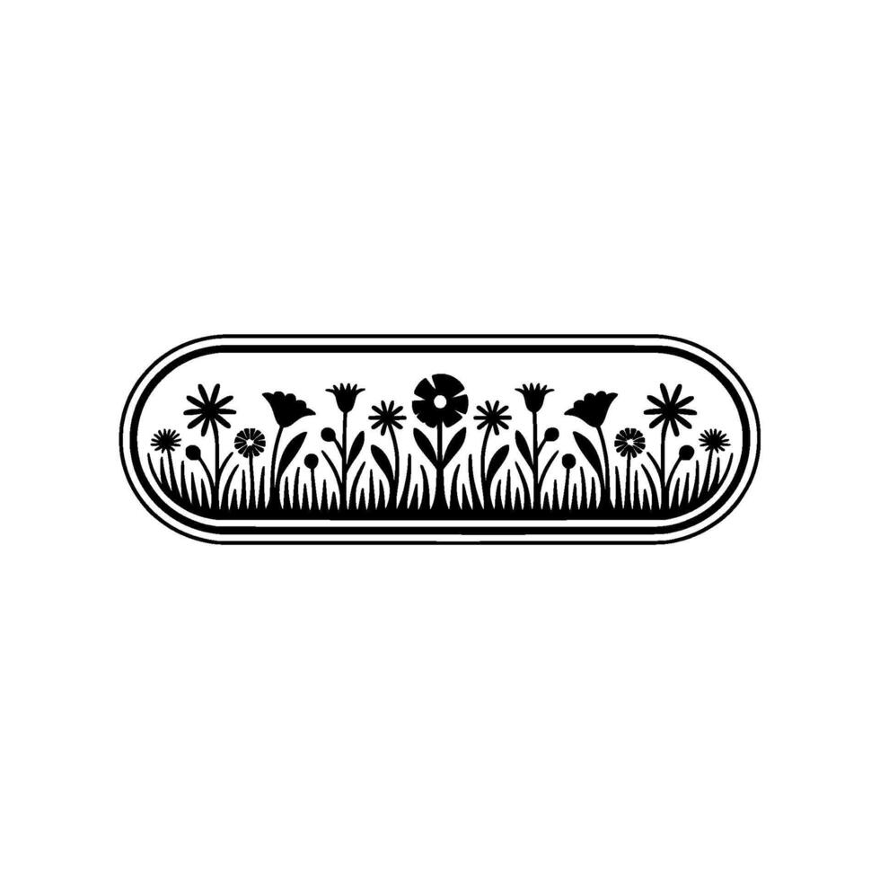 Minimalist Floral Meadow Badge Black and White Illustration vector
