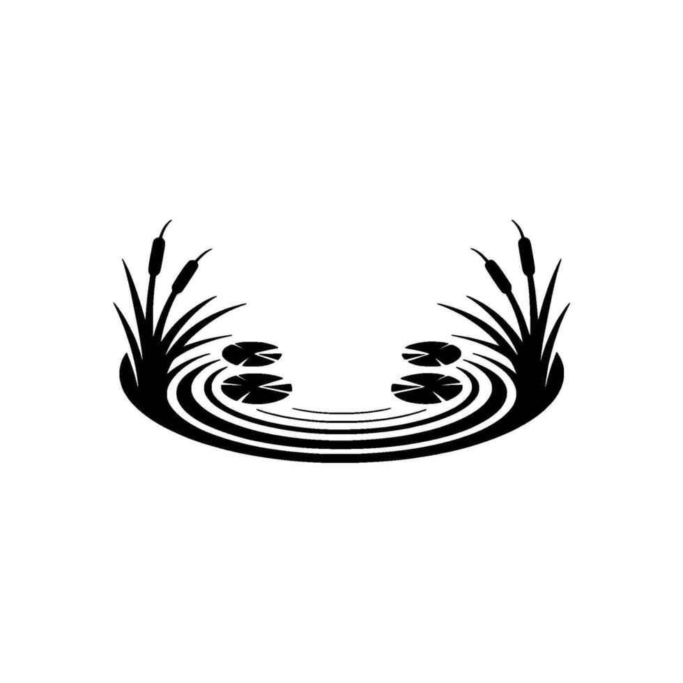 Minimalist Pond Silhouette Water Lily, Cattails, Ripples Zen-like vector