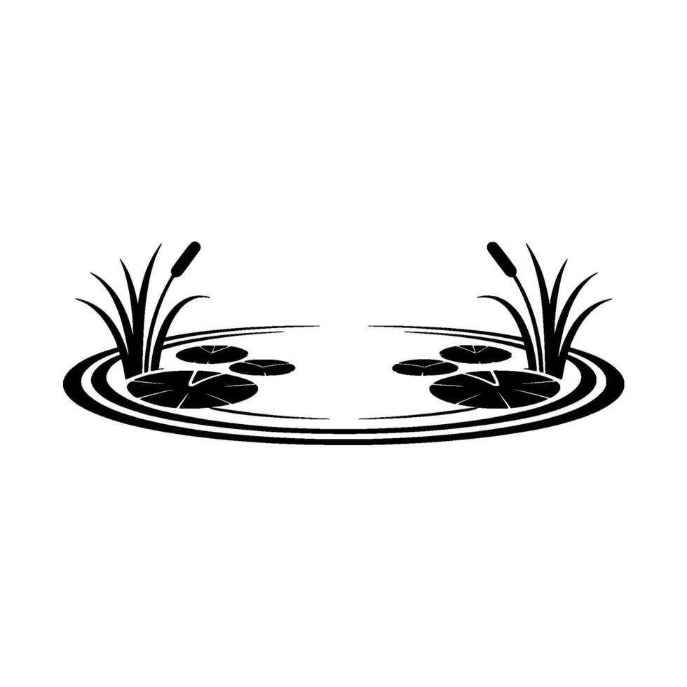 Minimalist Pond Illustration Lily Pads Cattails in Black White vector