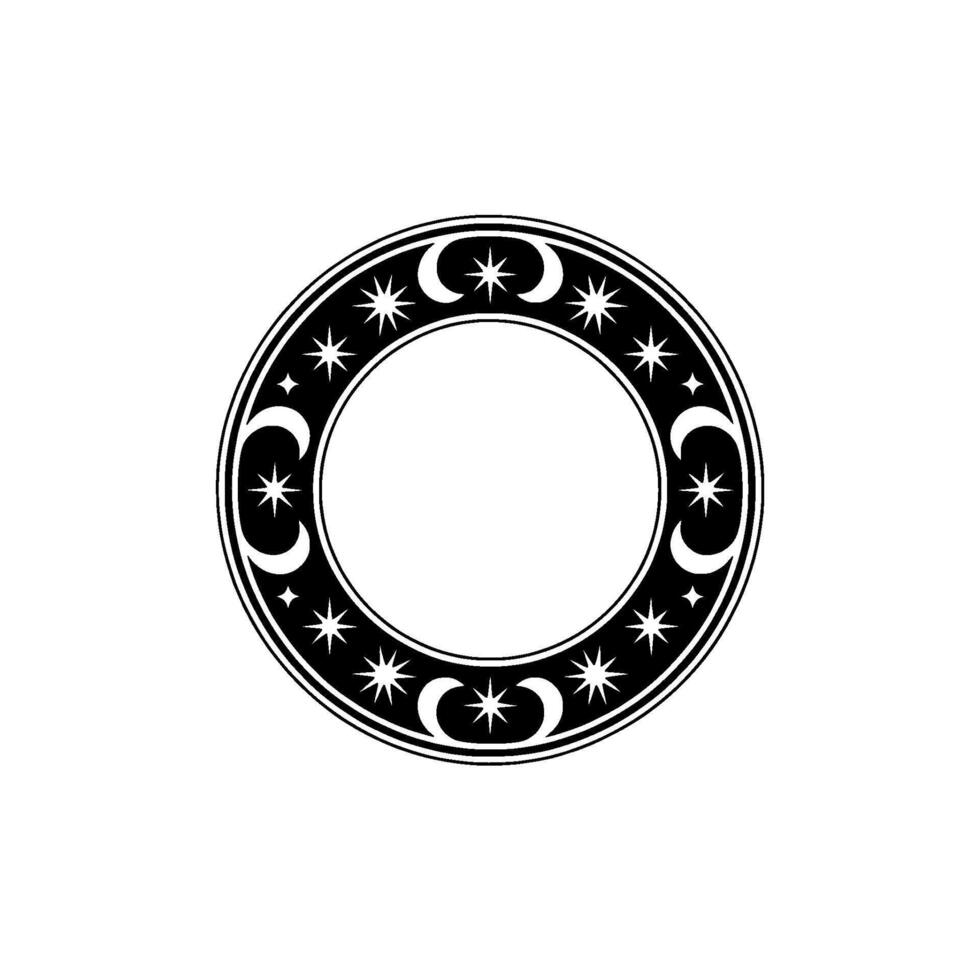 Celestial Circle Moon, Stars, and Decorative Border on White vector