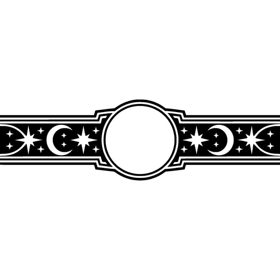 Celestial Banner Star, Moon, Circle Frame, Black and White vector