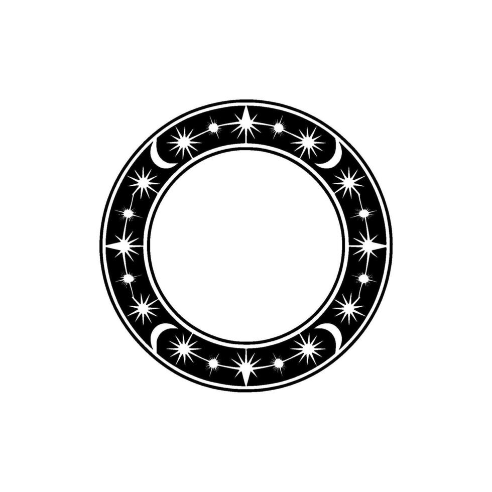 Celestial Frame Circular Star Crescent Border, Modern Black White vector