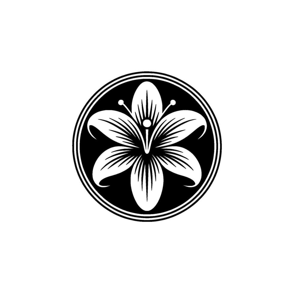 Black White Floral Crest Lily Emblem on White Background vector