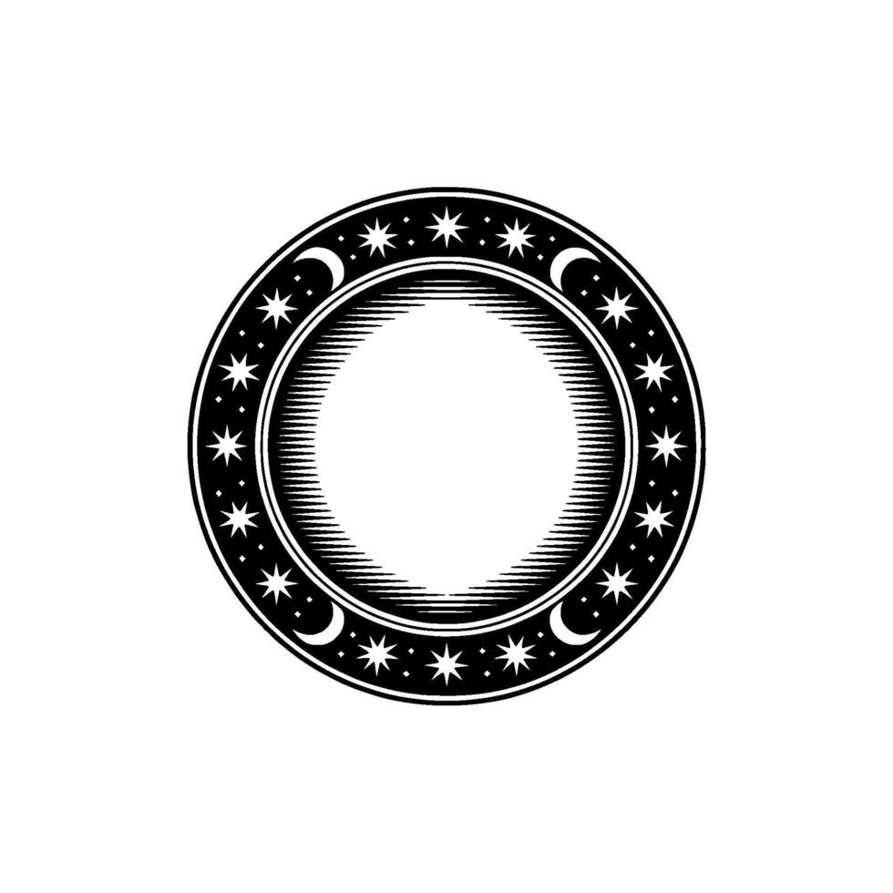 Celestial Emblem Engraved Stars, Moons, and Ring on Gray vector