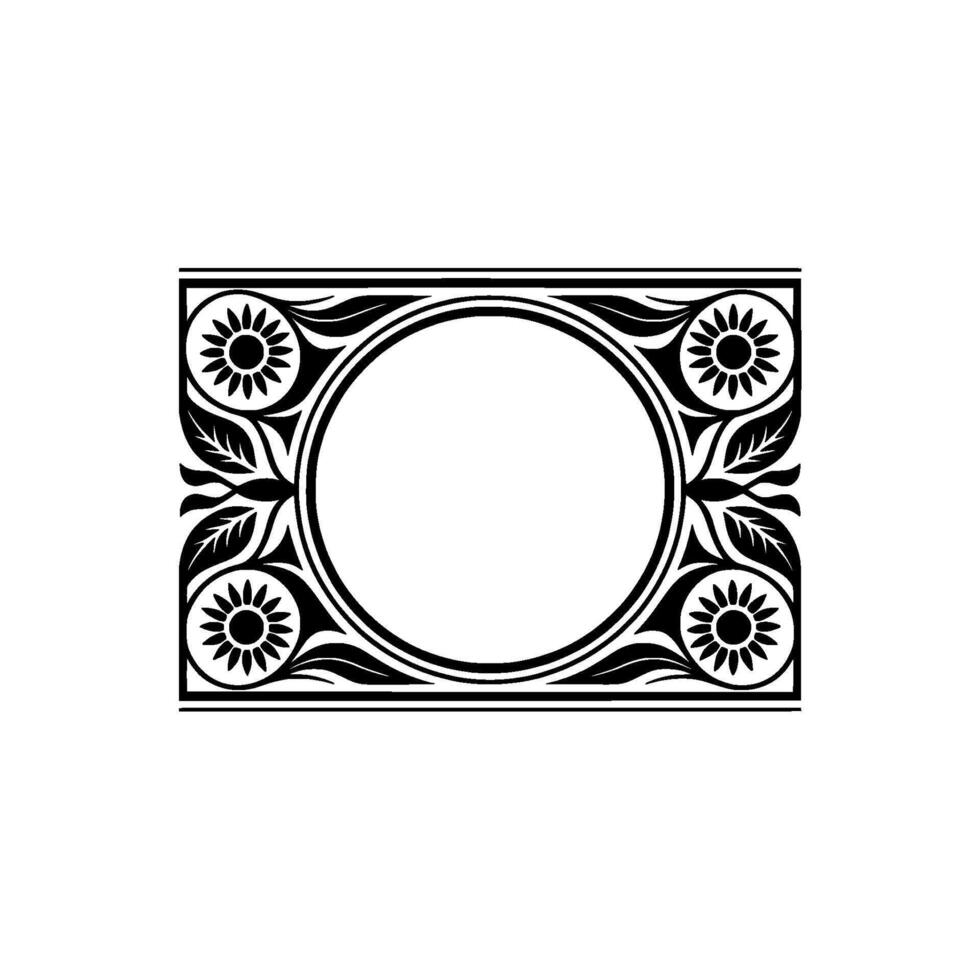 Ornate Black Floral Frame with Circle, Minimalist vector