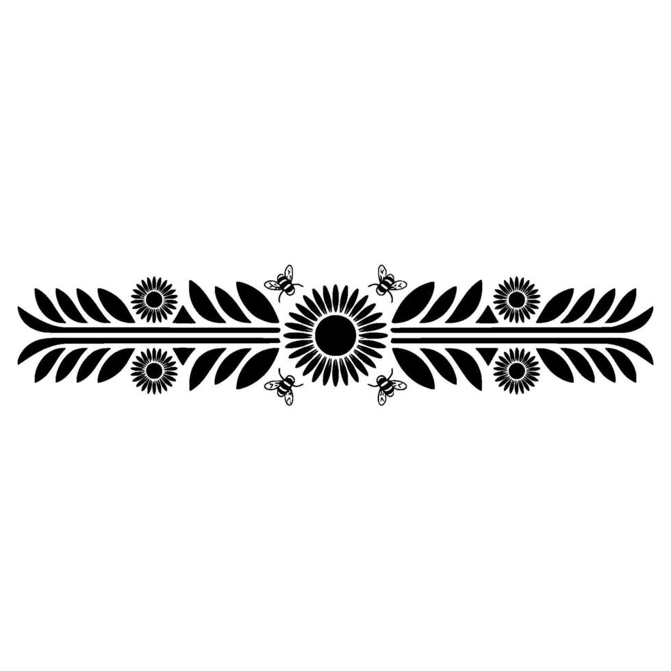 Decorative Sunflower and Bee Border, Black and White Illustration vector