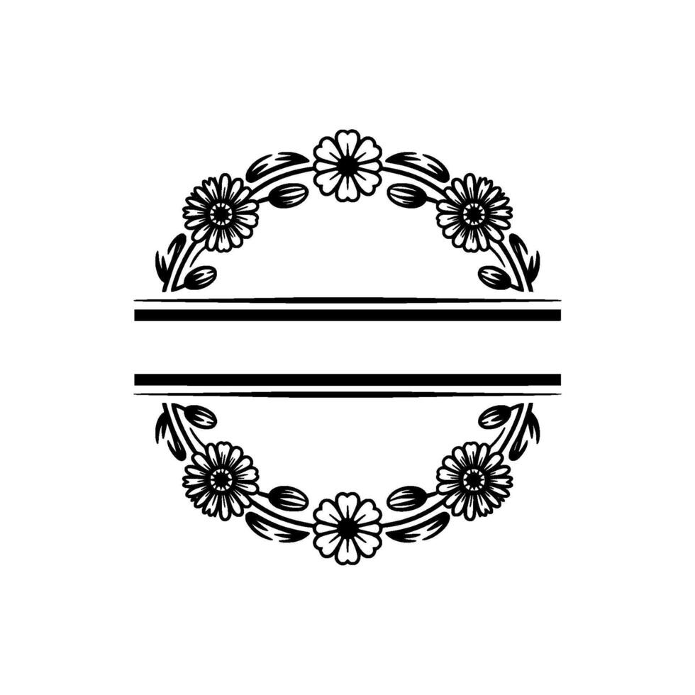 Floral Wreath Frame with Horizontal Lines, Black and White Silhouette vector