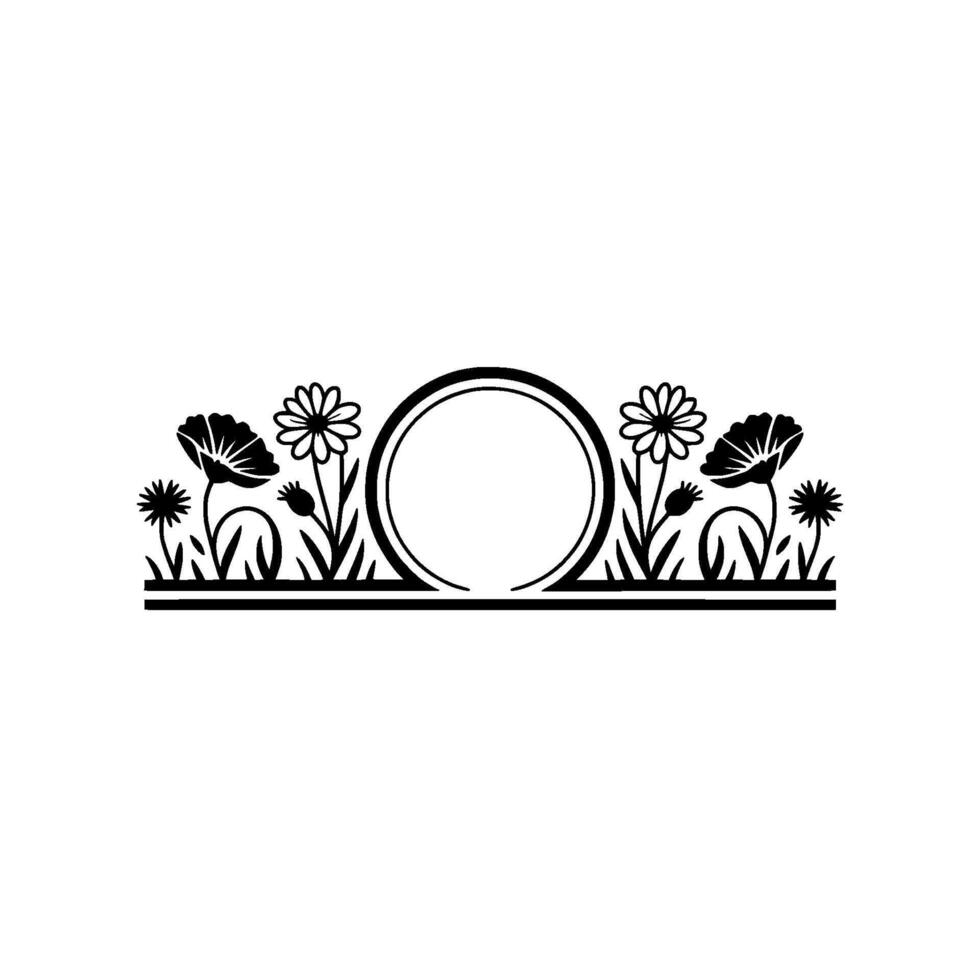 Elegant Floral Frame with Circle Element - Monochromatic vector