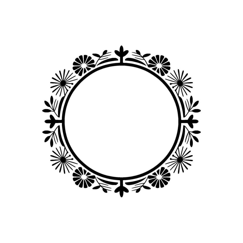 Elegant Floral Circular Frame, Black and White Element vector