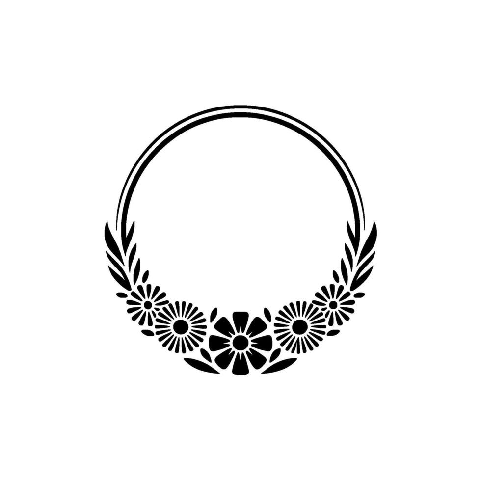 Minimalist Floral Circle Frame, Black White Decorative Element vector