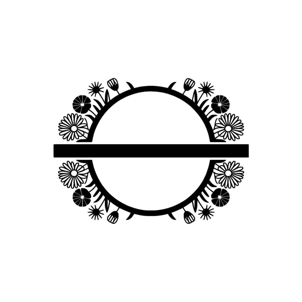 Floral Circle Frame, Botanical , Black and White, Minimalist vector