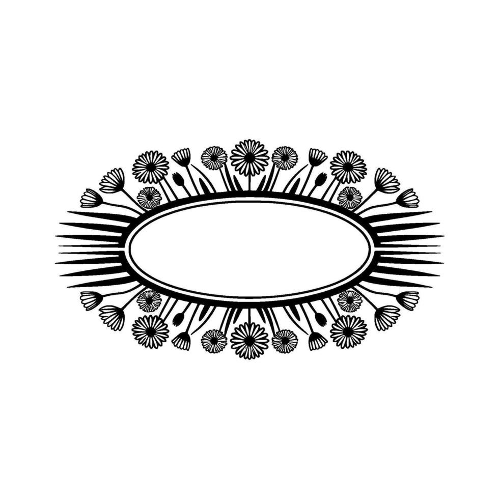 Floral Oval Frame - Elegant Black White , Minimalist Style vector