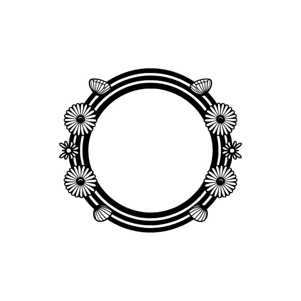 Minimalist Floral Circle Frame, Black and White, Illustration vector
