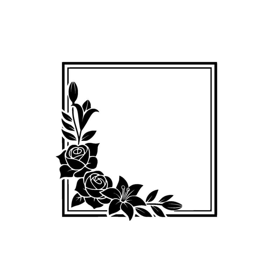 Elegant Floral Corner Frame, Black Silhouette vector