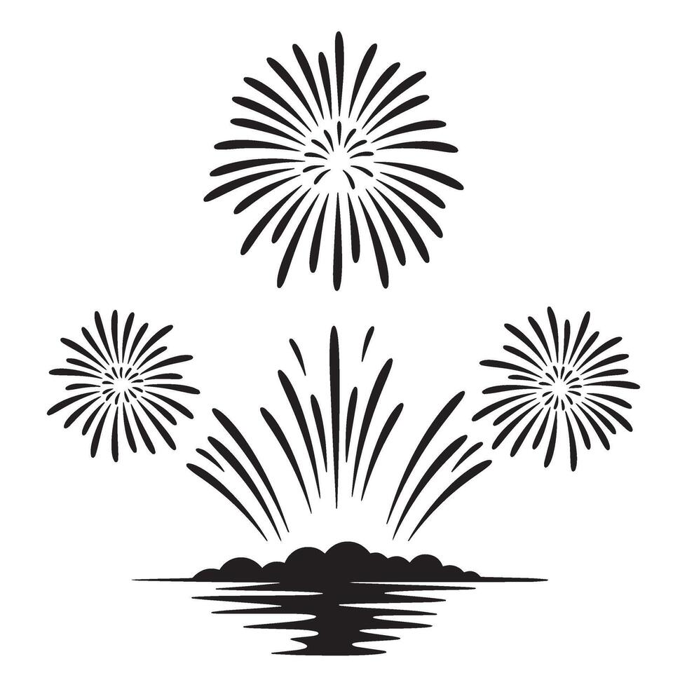 illustration of stylized fireworks displaying above a river with reflections in a minimalist style vector