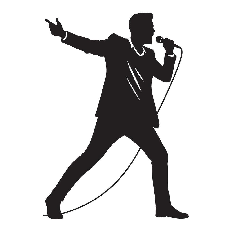 Black silhouette of a performing singer holding a microphone on a white background vector