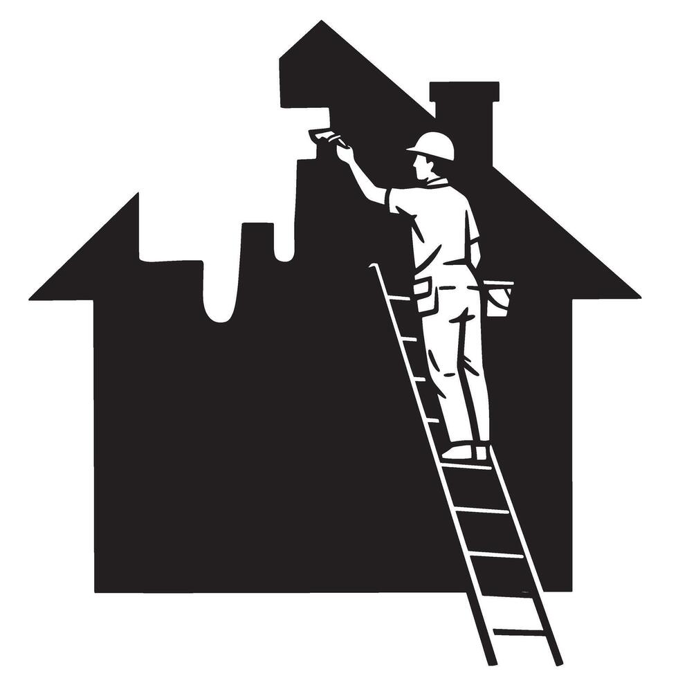 Black and white illustration of a painter painting a house silhouette on a ladder vector