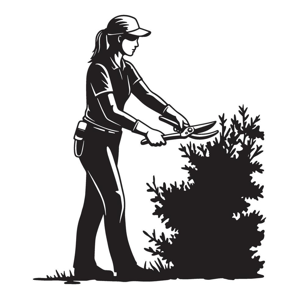 A gardener pruning a bush with shears in silhouette simple illustration vector