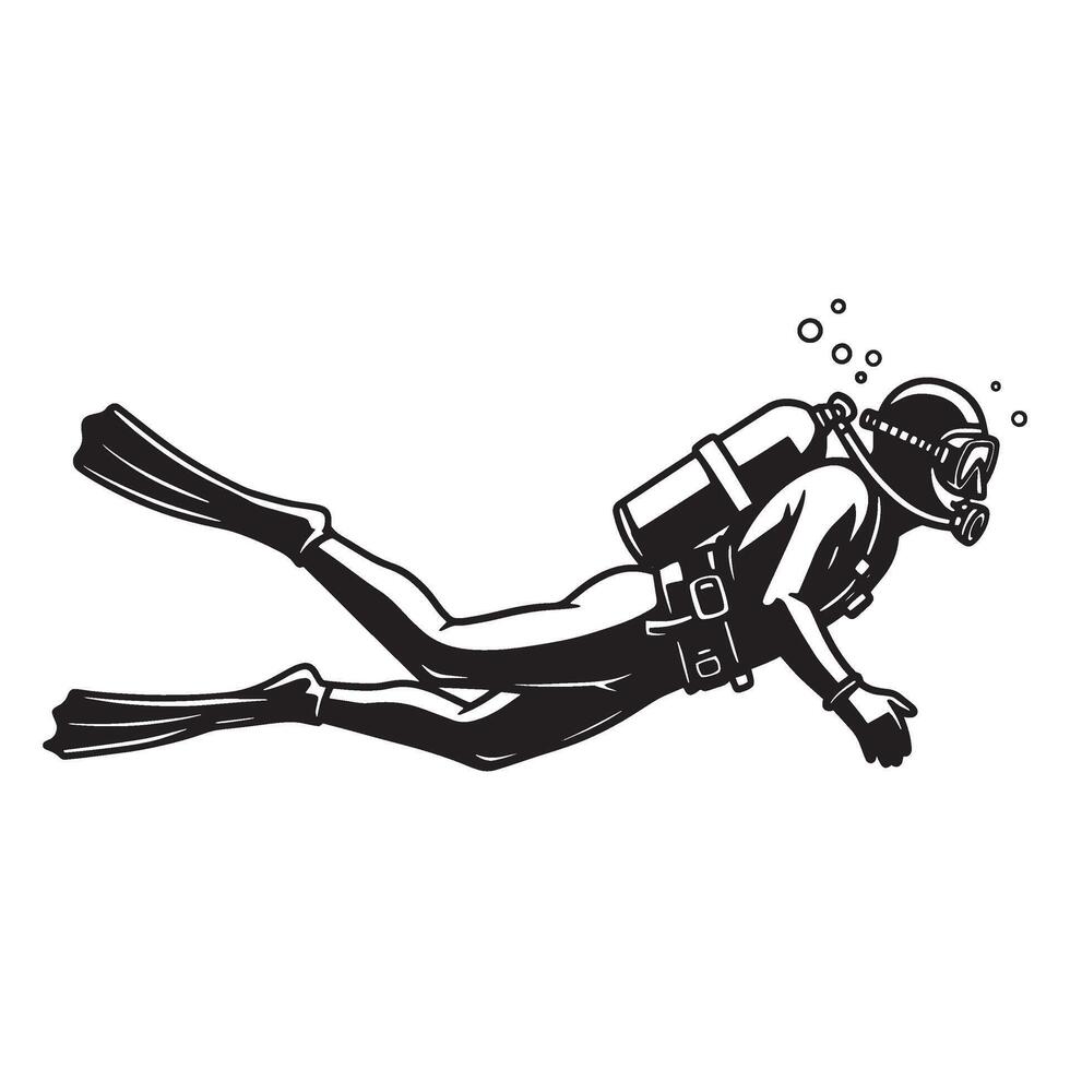 Silhouette illustration of a scuba diver underwater exploring the ocean depths vector
