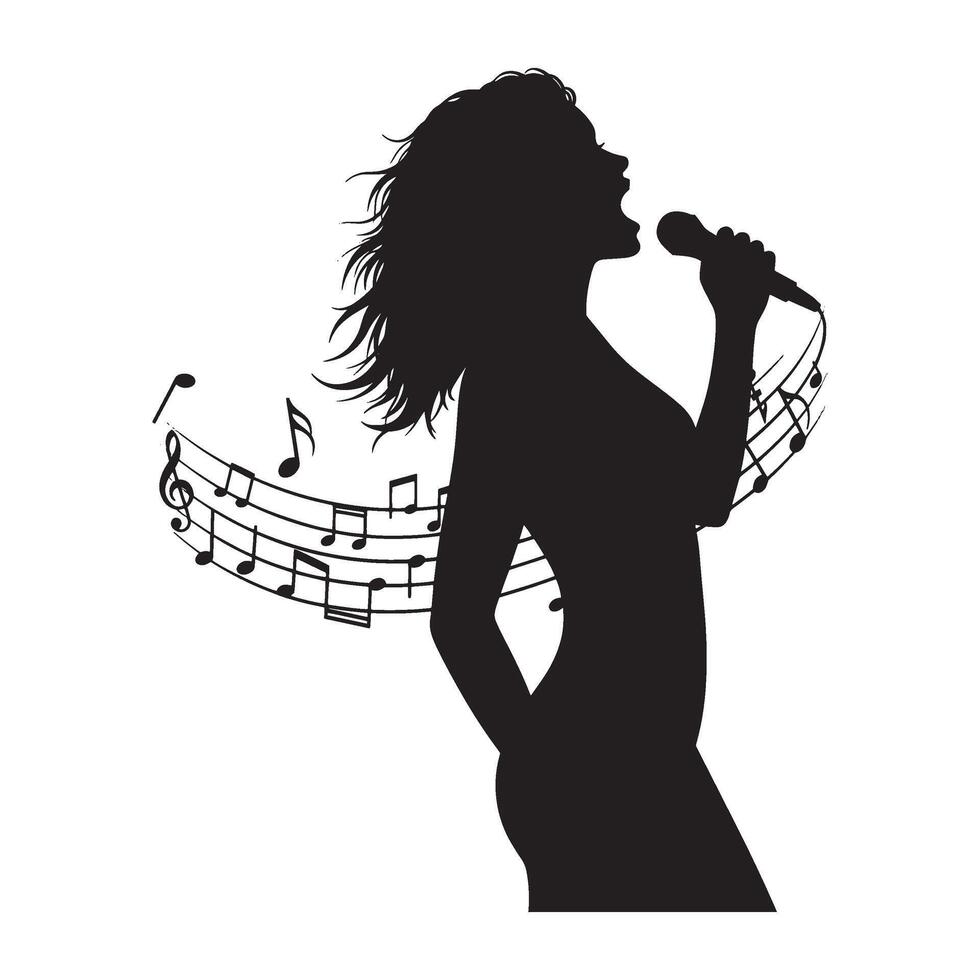 Silhouette of a female singer performing with musical notes and microphone isolated on white vector