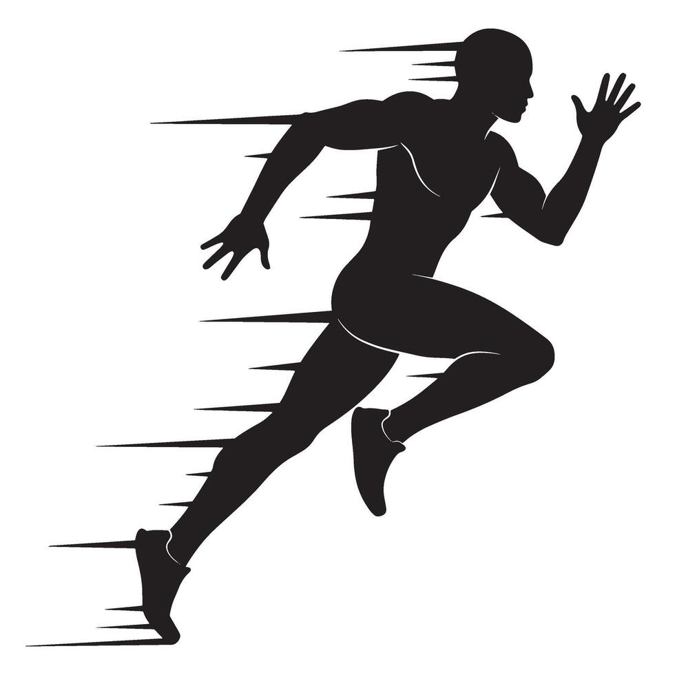 Dynamic black silhouette of a male runner sprinting with speed and motion on a white background vector