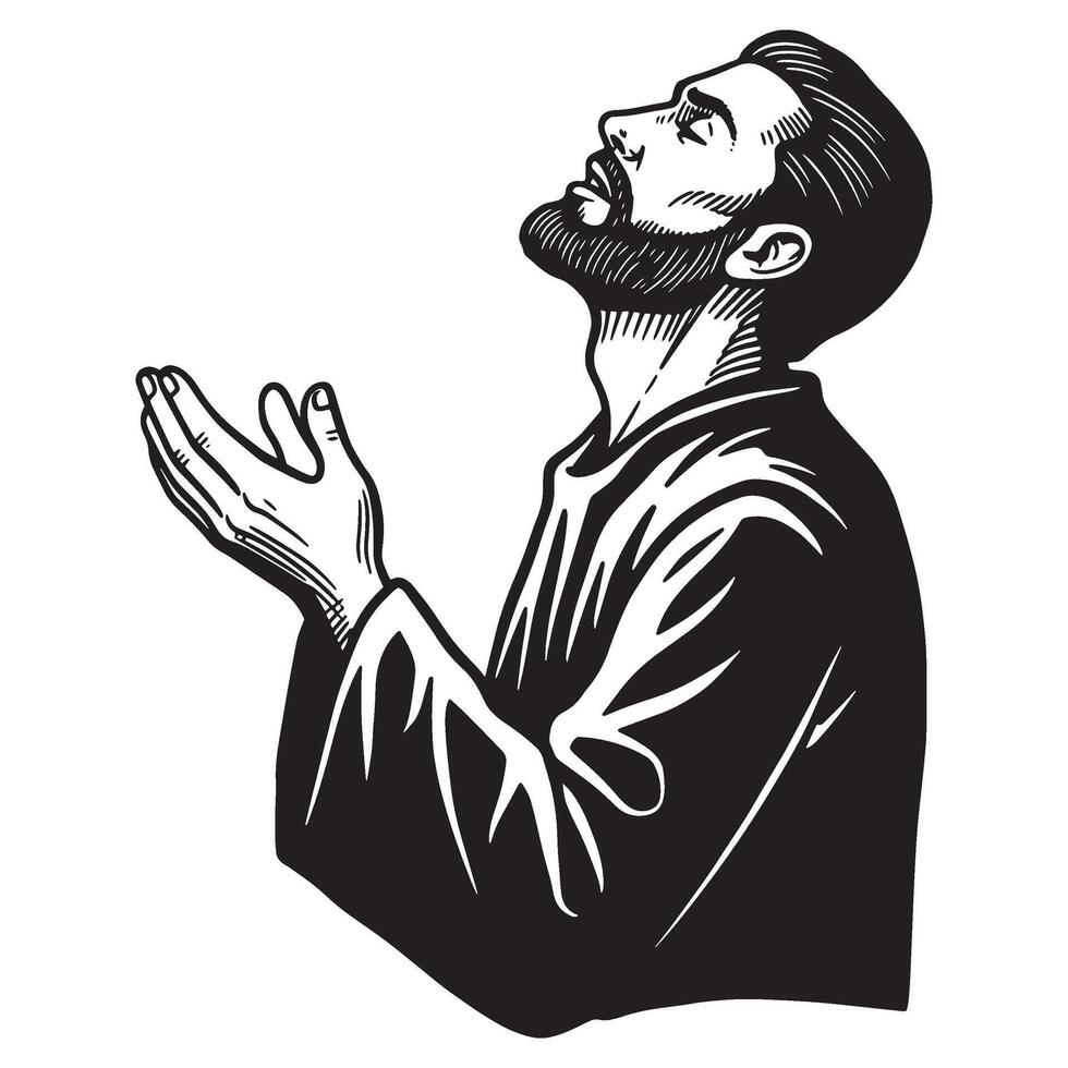 Black and white line art of a man looking upwards with open hands in prayer vector