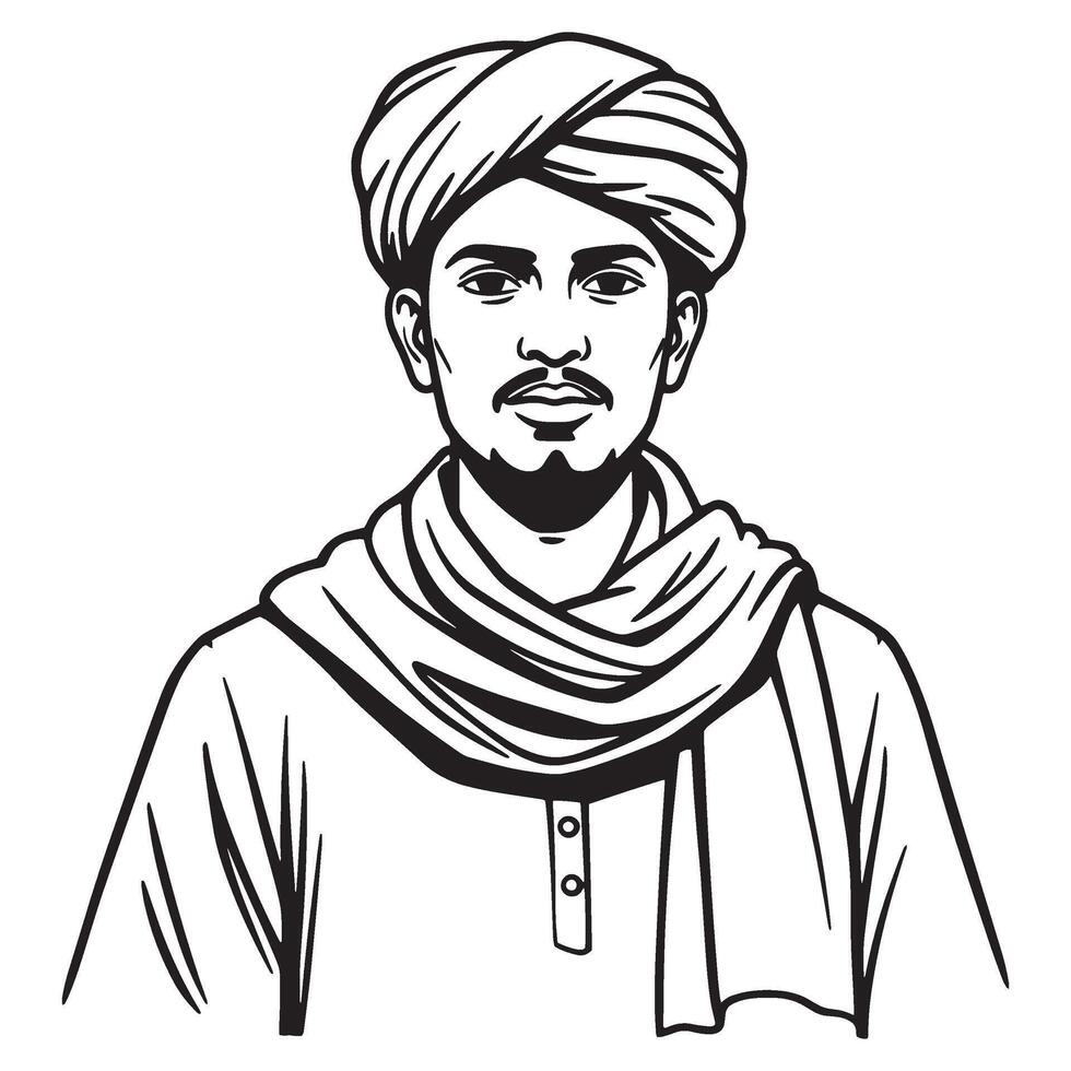 Black and white line art portrait of a south asian man in traditional attire vector