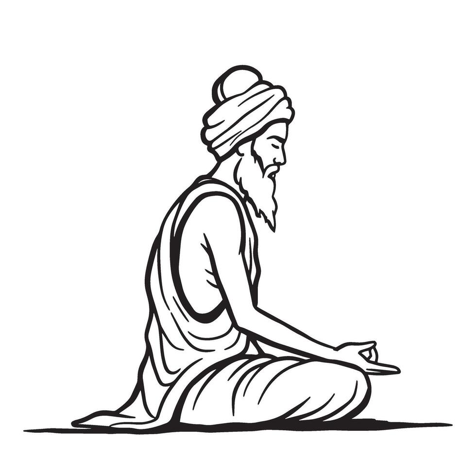 Black and white line art of a meditating spiritual guru in lotus position vector
