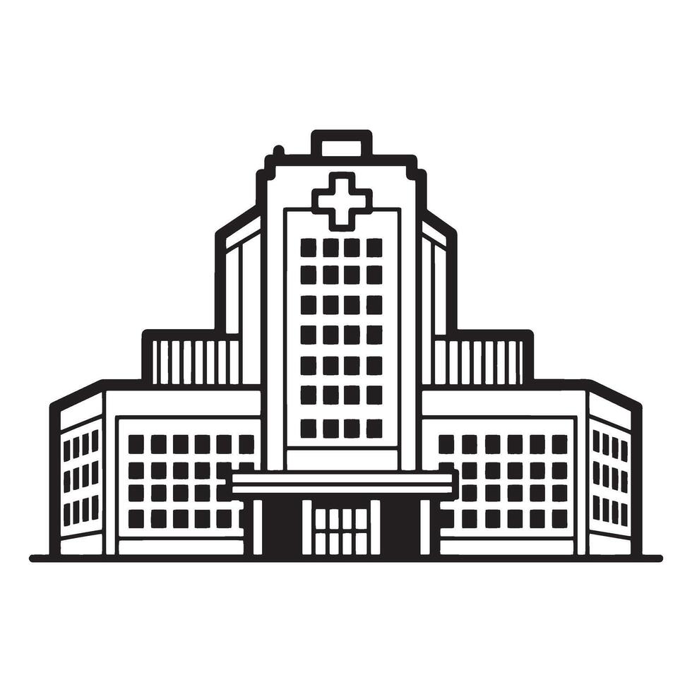 Black and white illustration of a modern hospital building with a prominent medical cross vector