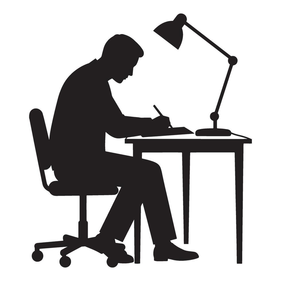 Silhouette of a person working at a desk under a desk lamp writing vector