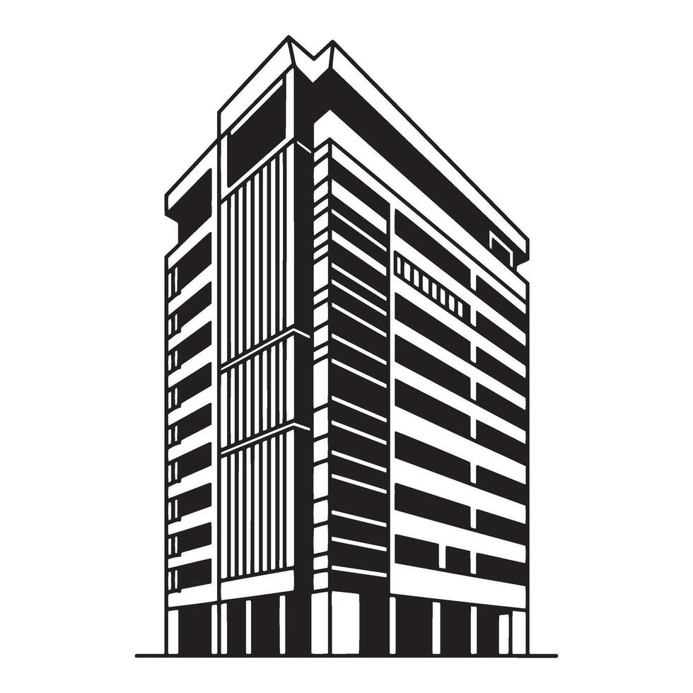 Modern architectural building illustration in black and white perspective view isolated vector
