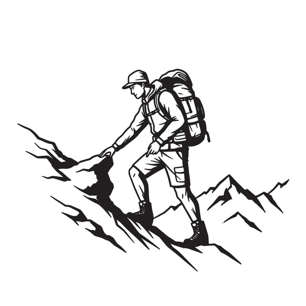 Black and white illustration of a hiker climbing a mountain trail reaching for the summit vector